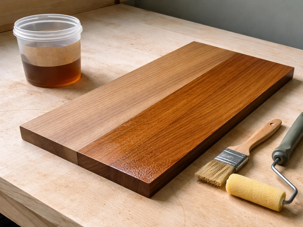 Teak boards on a workbench showing bare wood versus freshly brushed water-based sealer sheen.