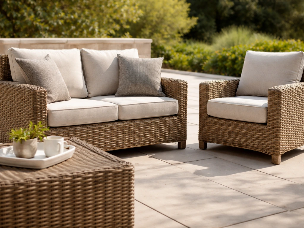 Sunlit outdoor patio with a durable resin wicker conversation set and cushioned seating