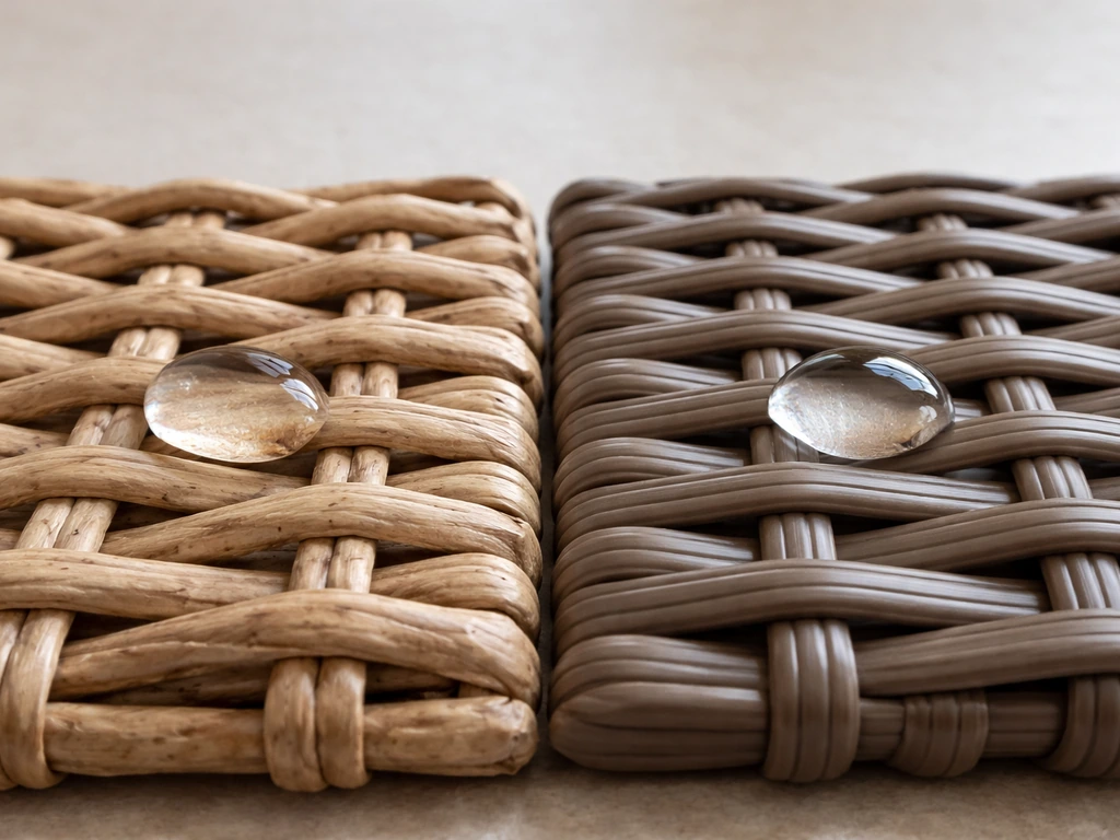 Closeup split view of natural porous wicker vs uniform resin wicker with a small water droplet reflection.