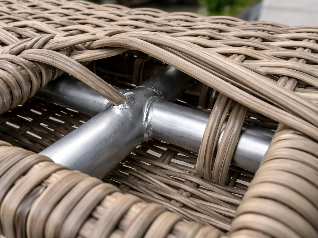 Close-up of resin wicker strands woven over an aluminum frame with visible weld points.