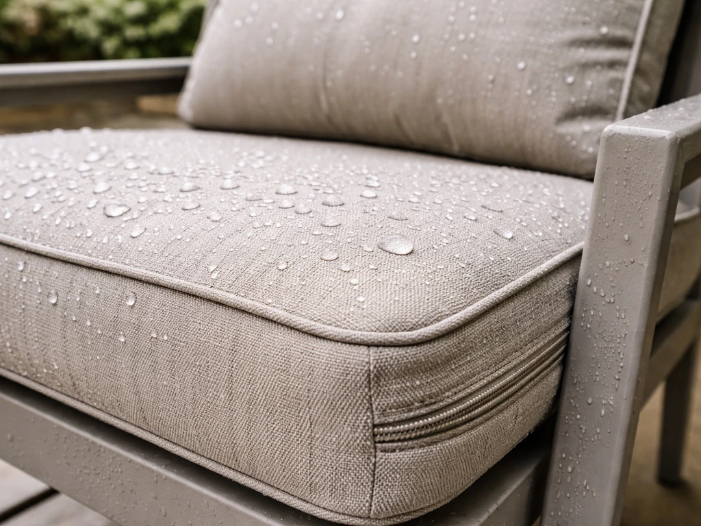 Water beads on thick outdoor cushion fabric, with zipper seam and aluminum chair frame visible.
