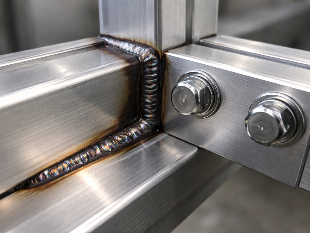 Low-angle close-up of welded aluminum joint at a stress point beside a bolted connection.