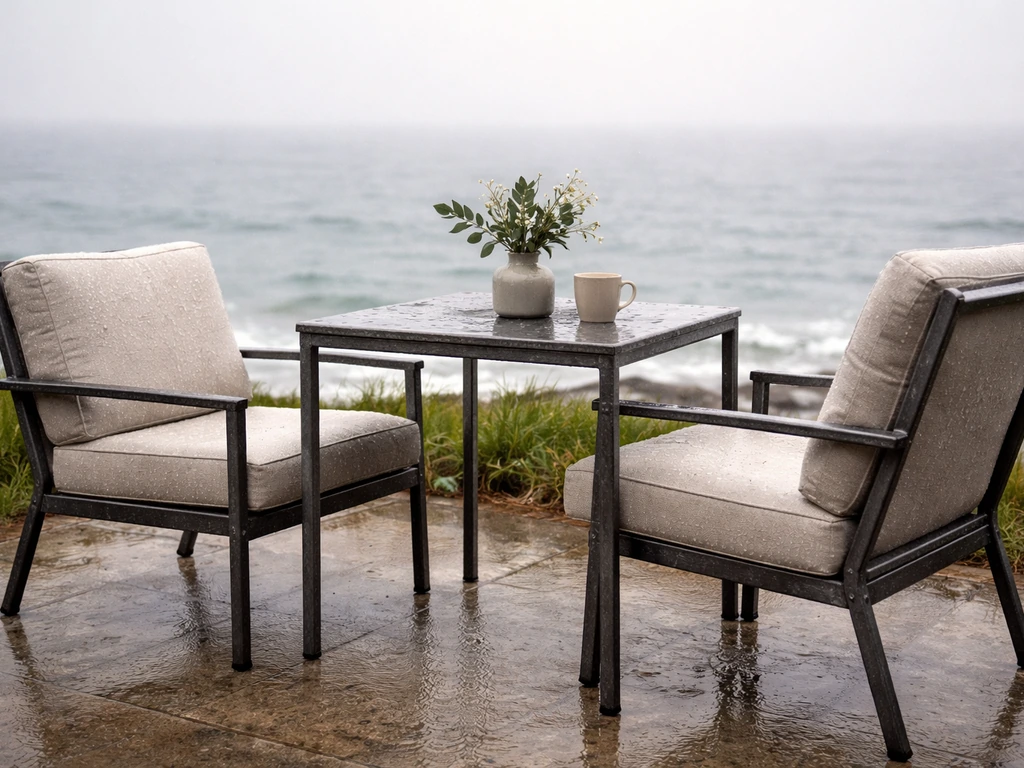 Coastal patio set near the ocean, powder-coated frame with salt-weathering and water-beaded cushions.