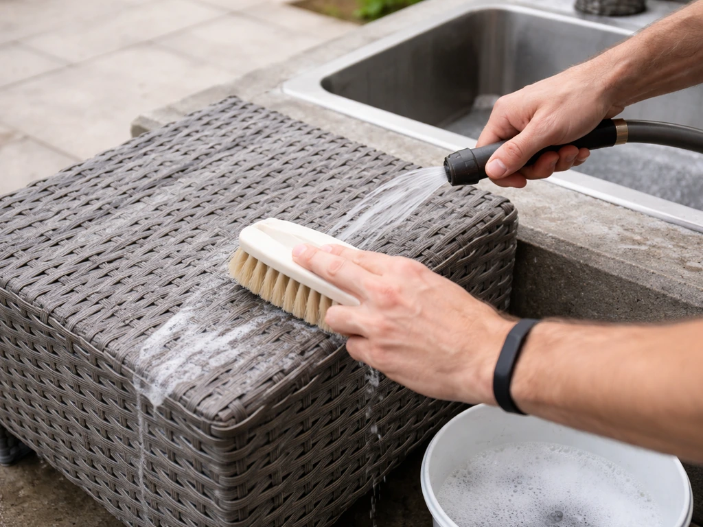 Anonymous hands gently brushing and rinsing HDPE resin wicker with mild soapy water.
