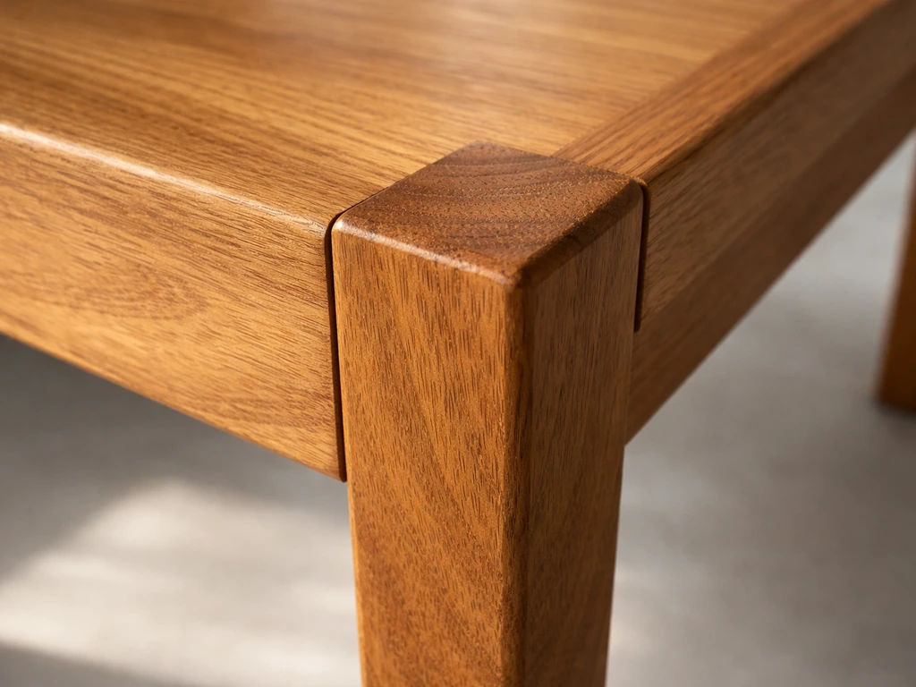 Close-up of oiled teak furniture showing heartwood grain and simple wood joinery.