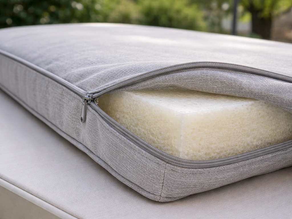 Close-up of outdoor cushion fabric and visible quick-dry foam with zipper seam detail.