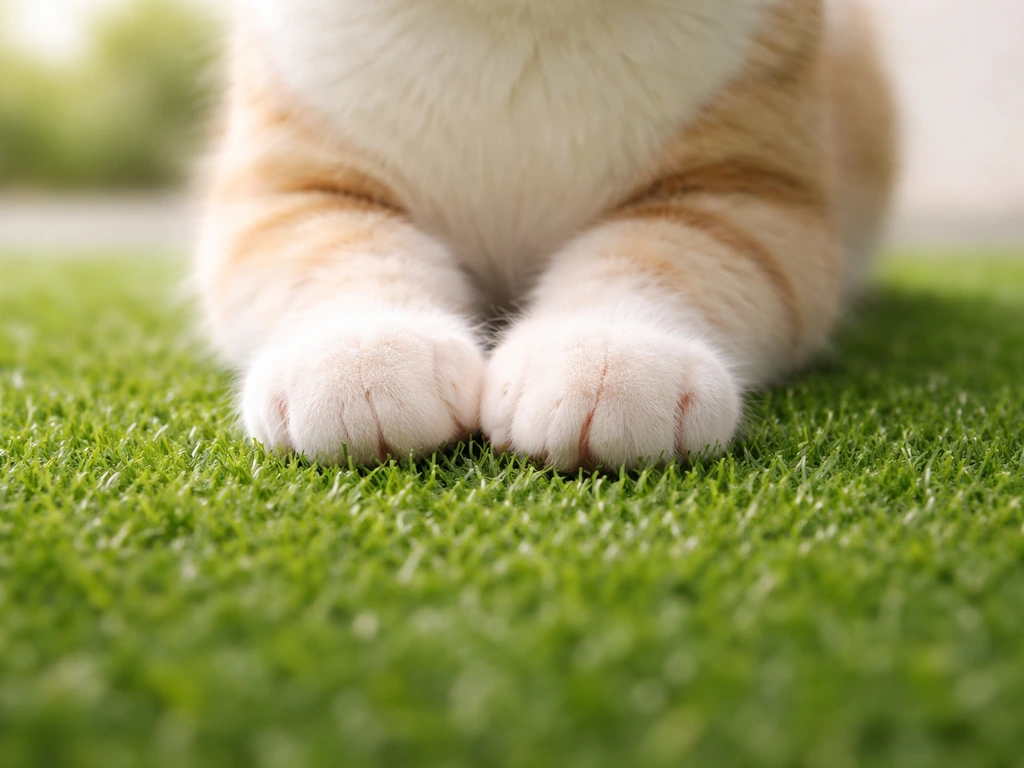 Les pattes d’un chat sur un gazon synthétique vert souple, vue rapprochée et rassurante.