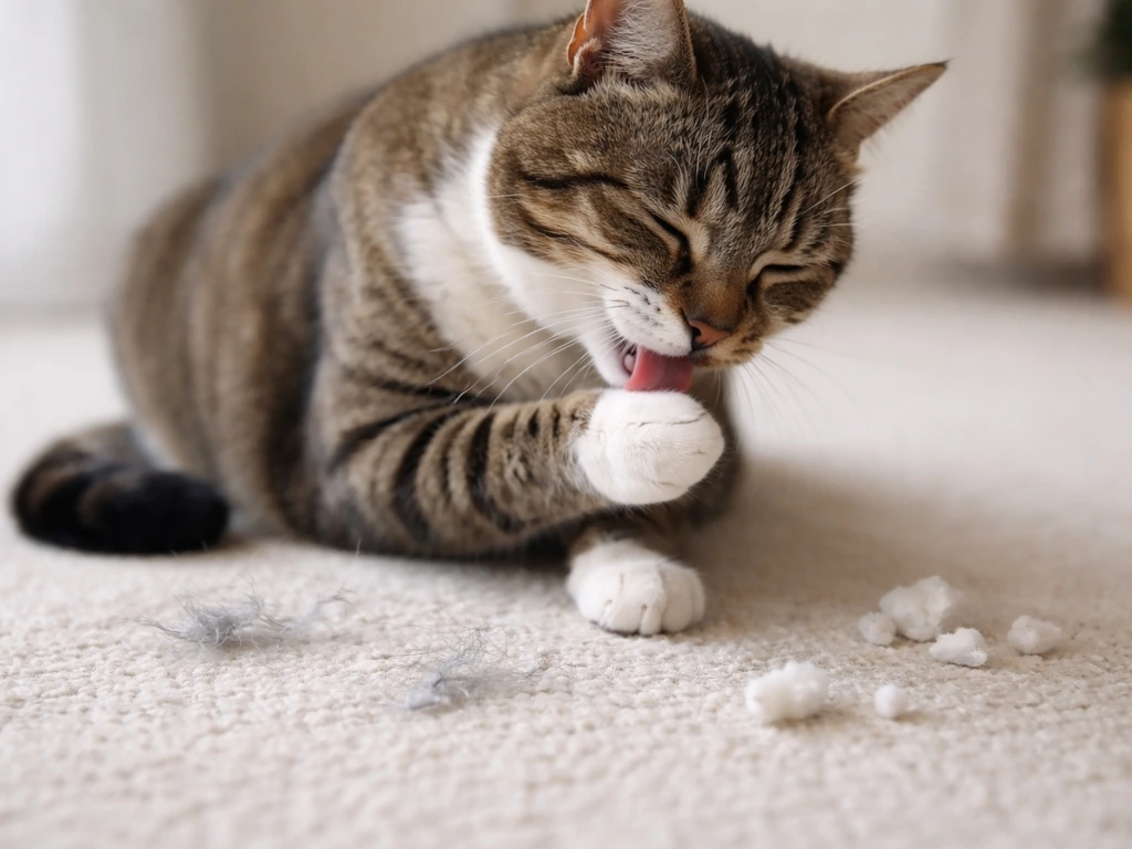 Chat qui se toilette sur un sol proche d’éclats de fibres synthétiques et de petits granulés de rembourrage