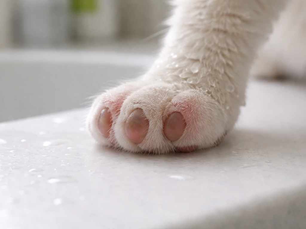 Patte de chat lavée, légère rougeur et irritation visible sur la peau, lumière naturelle, composition minimaliste.