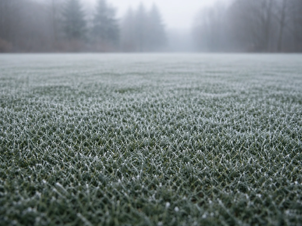 Gazon synthétique en hiver, fibres légèrement gelées, ciel gris froid, sans eau stagnante.