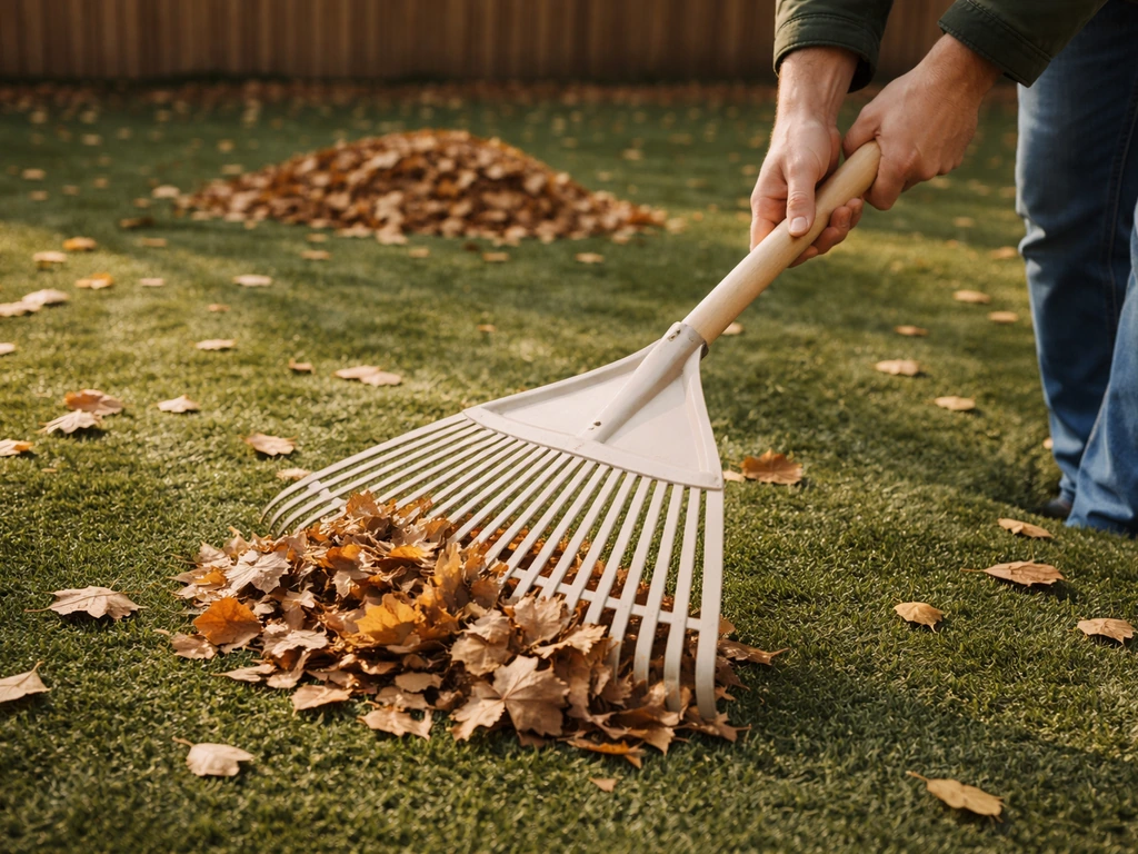Main utilisant un râteau en plastique pour ramasser des feuilles sur un gazon synthétique en automne.