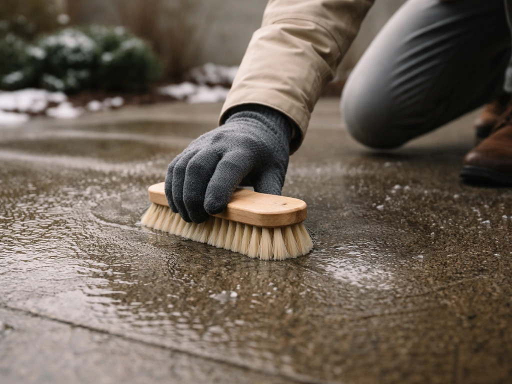 Personne brossant une surface extérieure mouillée avec une brosse souple pendant l’hiver, pour éviter mousse et odeurs.