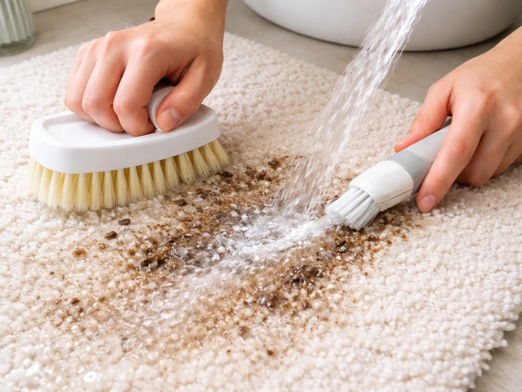 Brosse douce rinçant et frottant des fibres avec des saletés incrustées, eau claire visible.