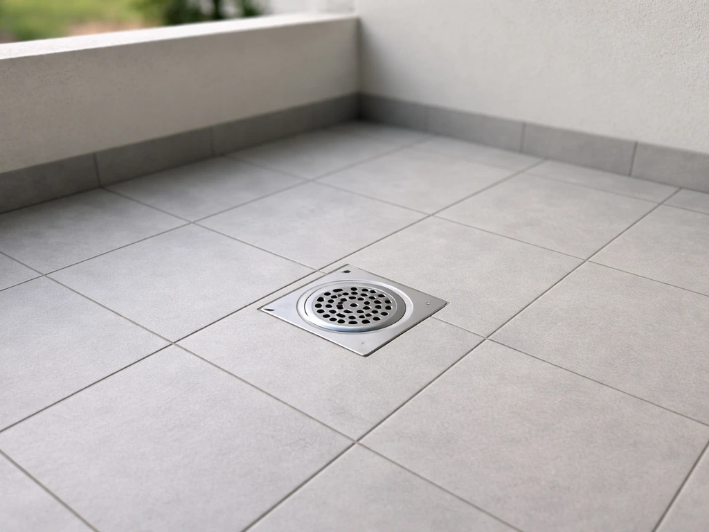Bonde d’évacuation visible sur un balcon, zone d’accès dégagée et protection autour, plan rapproché.