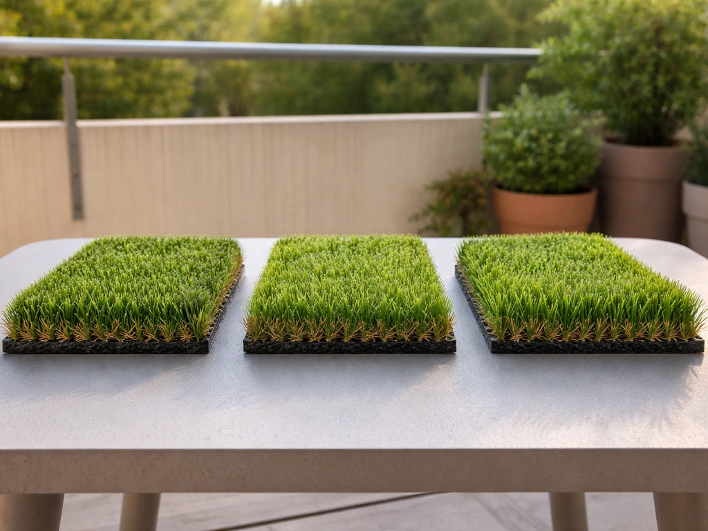 Échantillons de faux gazon sur un balcon, fibres de 25 à 40 mm visibles, sous-couches différentes