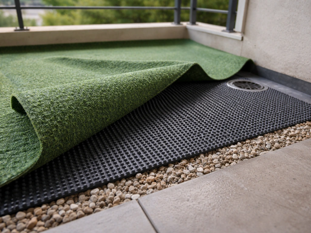 Balcon avec une sous-couche drainante double nappe : nappe supérieure (gazon) séparée de la nappe drainante dirigée laté