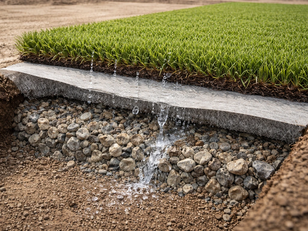 Coupe de sol avec géotextile perméable, grave concassée et gazon synthétique, montrant l’écoulement de l’eau.
