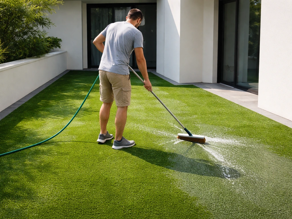 Une personne de dos brosse et rince un gazon synthétique sur une terrasse, l’eau s’écoule sans flaques.