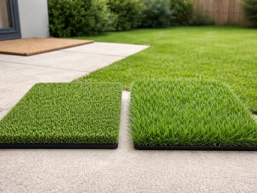 Comparaison de deux rouleaux de gazon artificiel, fibres courtes et longues, près d’une terrasse et d’un petit jardin.