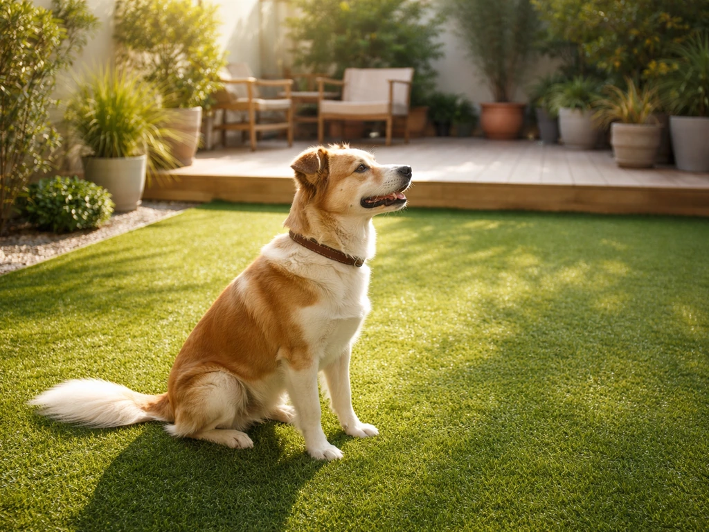 Chien au premier plan sur un gazon synthétique fraîchement installé, jardin propre et lumineux