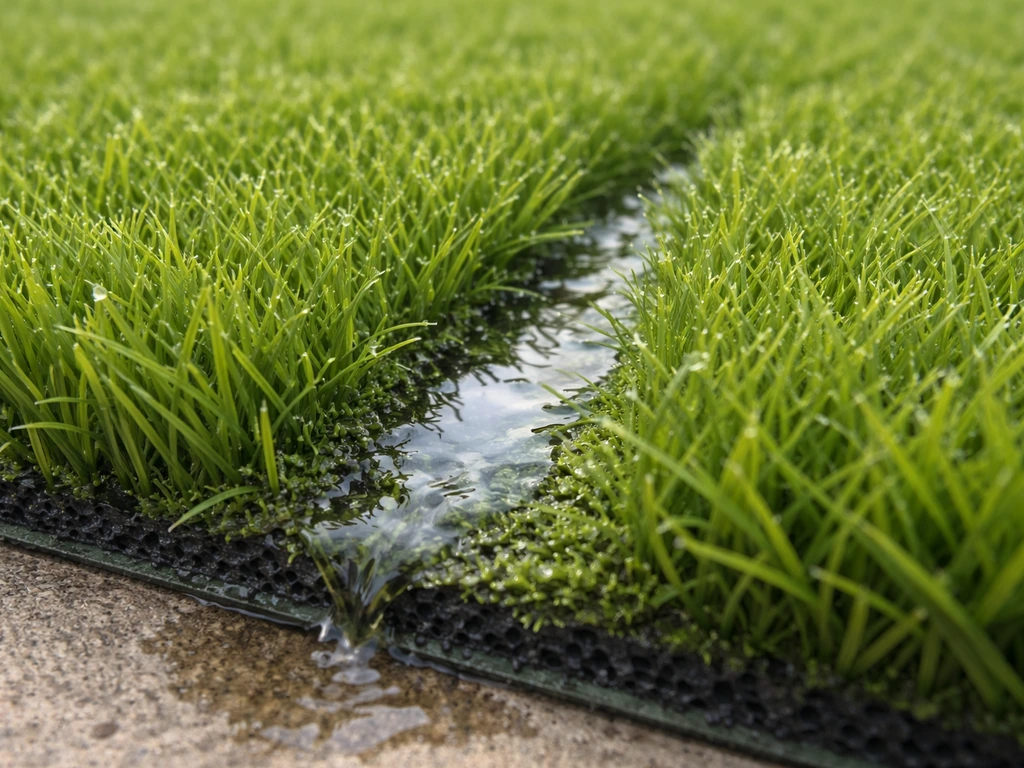 Gazon synthétique de près, goutte d’urine s’infiltrant vers une base drainante en arrière-plan flou