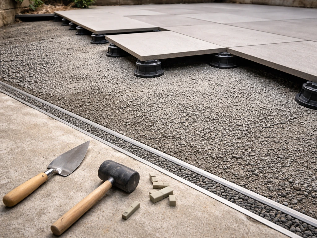 Zone de terrasse sur dalle béton avec pente visible et sous-couche drainante prête pour la pose.