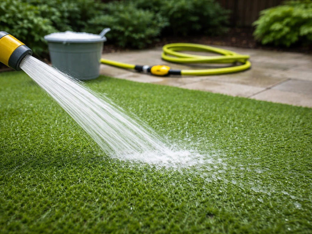 Jet d’eau rinçant une zone de gazon synthétique près d’un seau de nettoyage, après le passage d’un chien