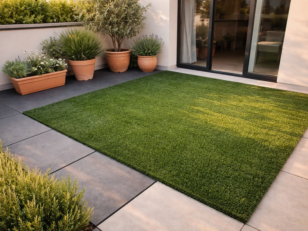 Terrasse moderne soignée avec gazon artificiel, plantes en bacs et dalles, ambiance chaleureuse au soleil.