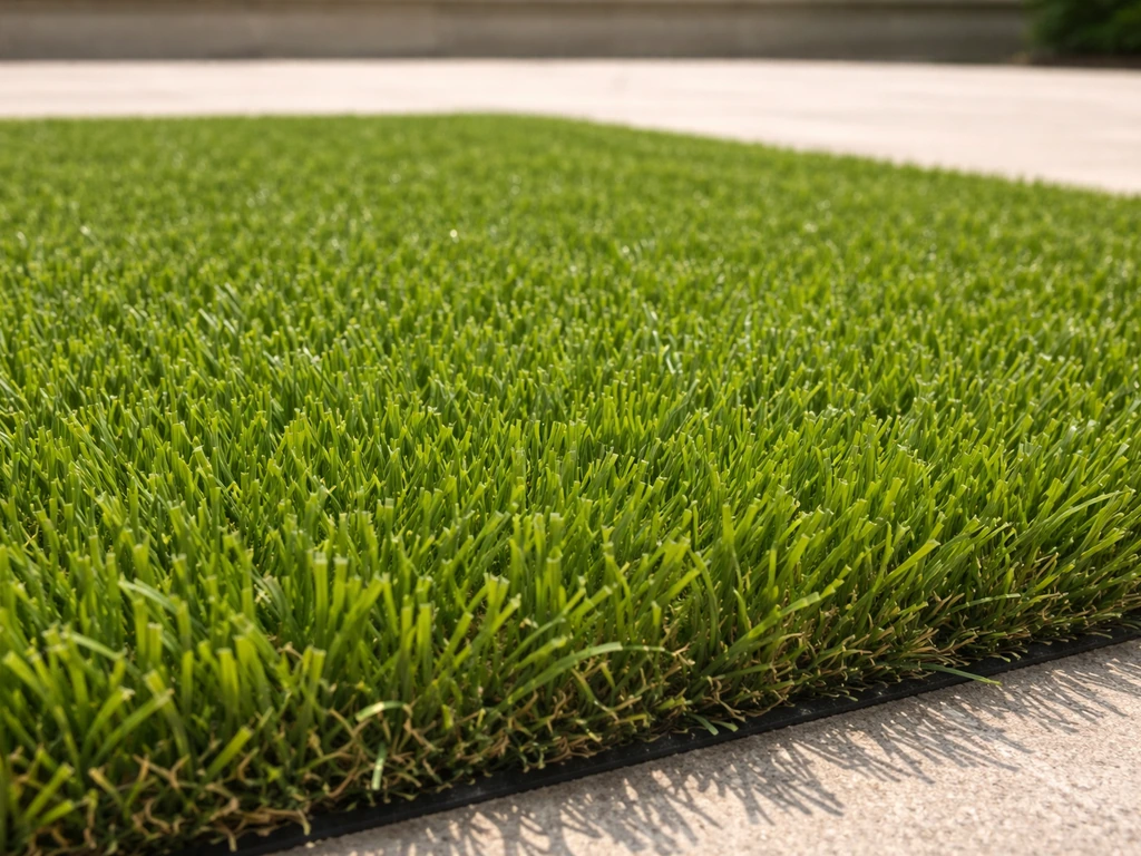 Gazon artificiel dense en gros plan, fibres de 25 à 35 mm au soleil sur une terrasse.