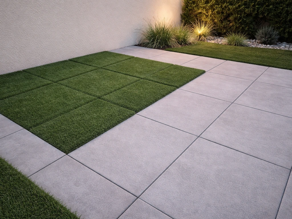 Terrasse avec alternance de carrés de gazon artificiel et dalles béton/pierre reconstituée, textures bien visibles.