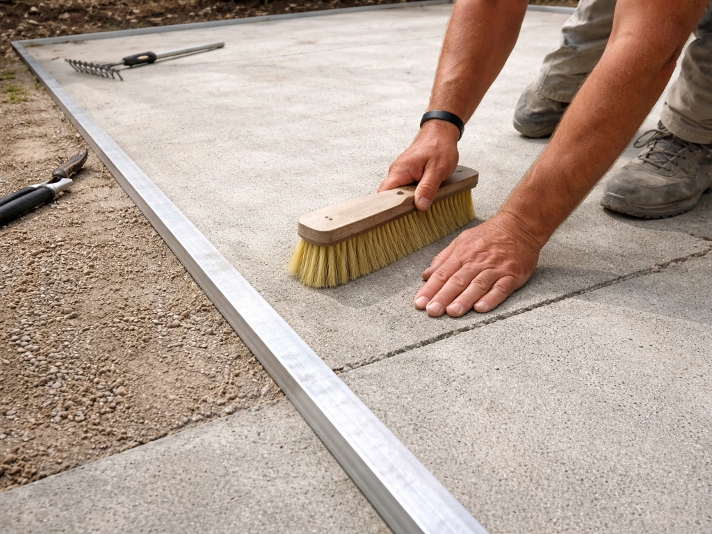 Mains au travail sur une dalle béton propre, brossage et préparation près d’un raccord pour poser du gazon artificiel.