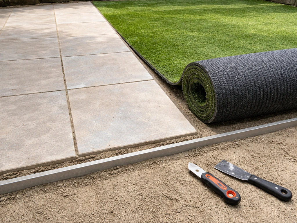 Carrelage existant et pose en cours de gazon artificiel près des joints et d’une bordure, avant collage.