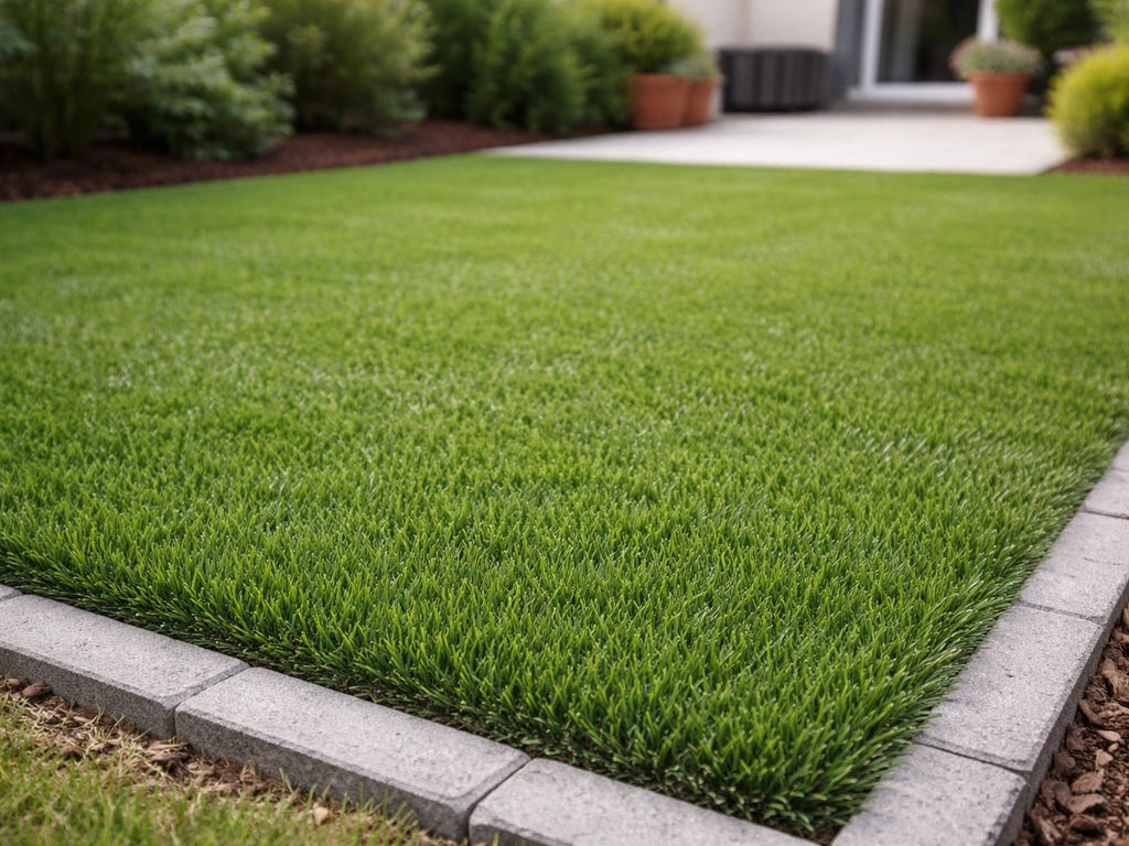 Pelouse artificielle nouvellement posée dans un jardin français, brins verts réalistes bien orientés.