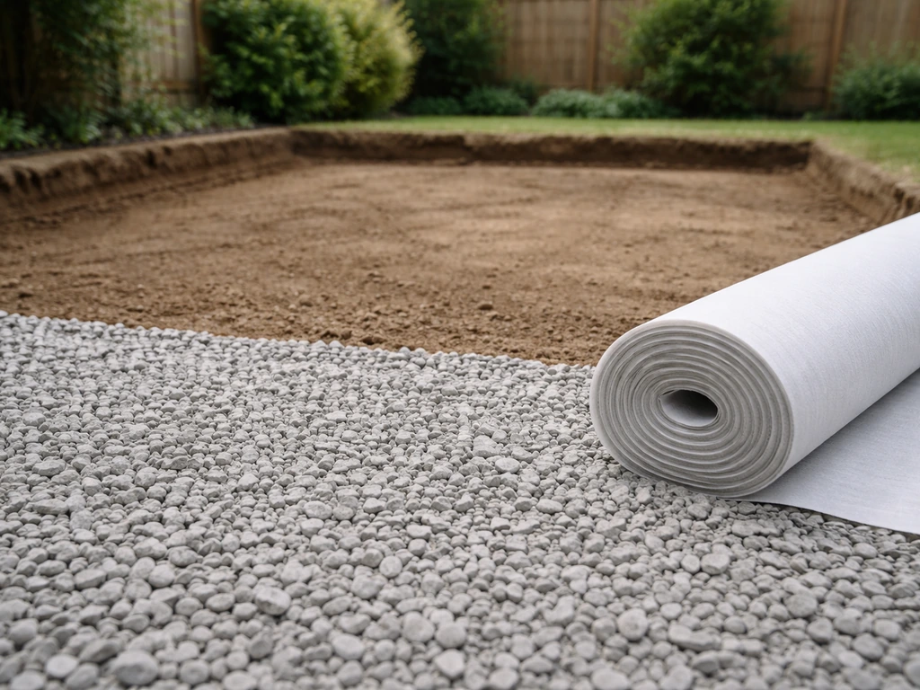 Décaissement en terre naturelle avec couche drainante de graviers et géotextile prêt à être déroulé.