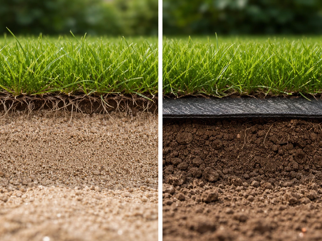 Comparaison photo réaliste : lit de sable drainant sous le gazon versus terre compacte avec géotextile.
