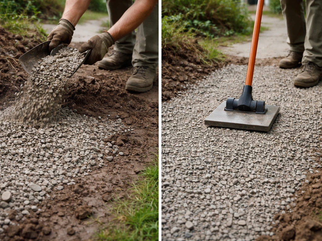 Un jardinier répand et compacte de la grave 0/20 sur un sol argileux et humide avant de mettre le sable.