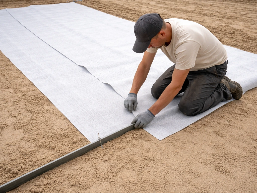 Un ouvrier déroule et aligne un géotextile sur du sable, avec fixation provisoire au bord.