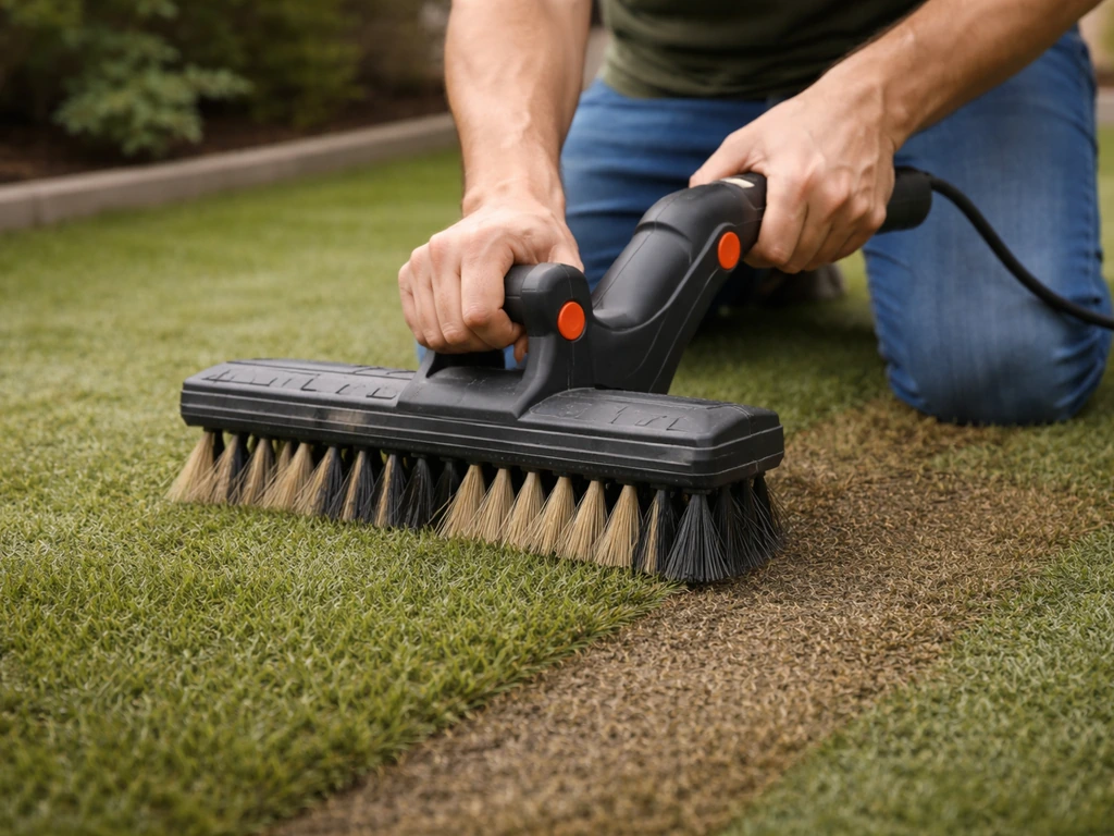 Brossage d’un gazon synthétique avec une brosse, brins relevés sur une petite zone, intérieur extérieur naturel.