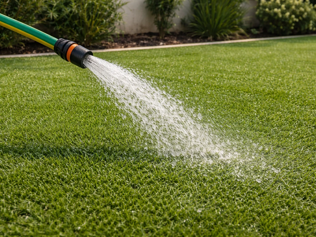 Jet d’eau d’un tuyau arrosant un gazon synthétique pour refroidir rapidement la surface.