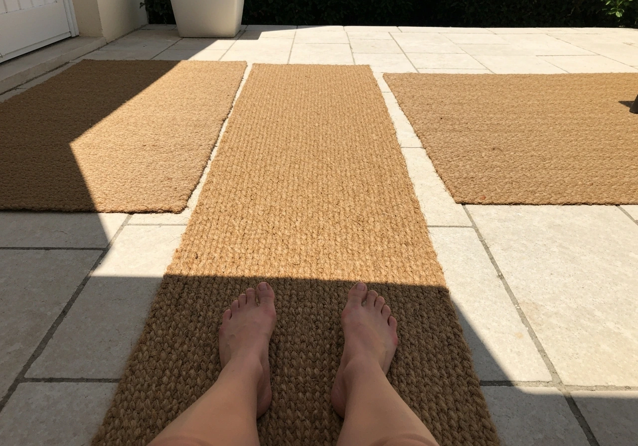 Nattes d’extérieur en coco posées au sol, créant de l’ombre près des pieds sur une terrasse ensoleillée