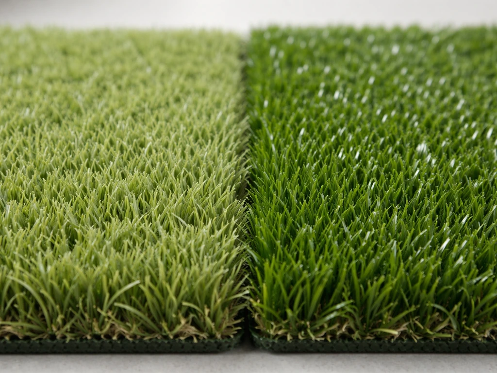 Gros plan de fibres de gazon synthétique vert mat et vert foncé brillant côte à côte.