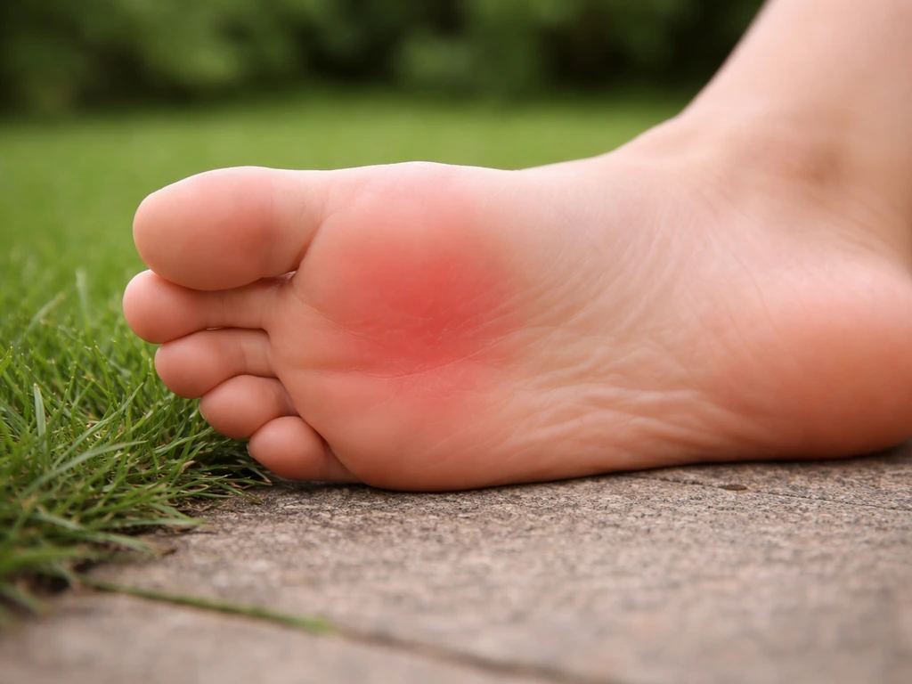 Plante d’un pied avec légère rougeur après contact prolongé, à côté d’un gazon vert flou et soigné.