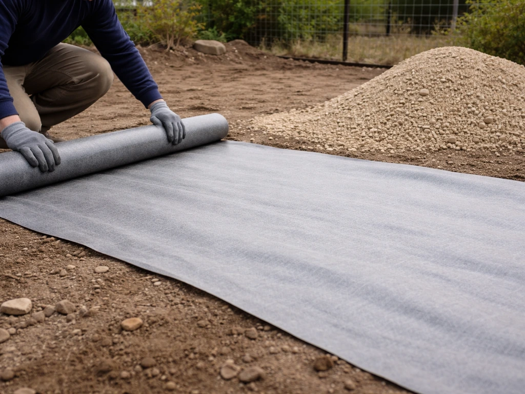 Géotextile anti-herbe étalé au sol sur chantier, avec sable/granulats prêts pour la couche de base.