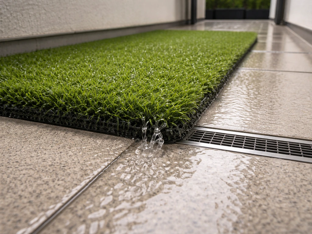 Filet d’eau sur gazon artificiel en légère pente, allant vers un siphon encastré sur une terrasse carrelée.