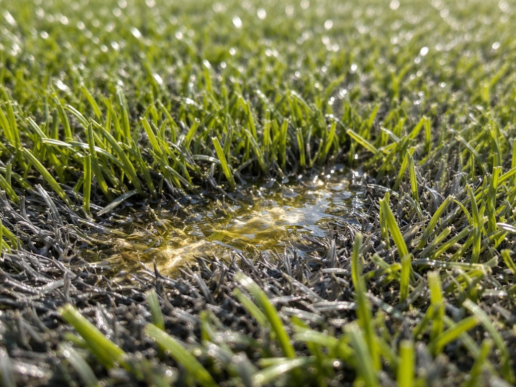 Gros plan sur le gazon synthétique où l’urine sèche, laissant une zone brillante entre les fibres.