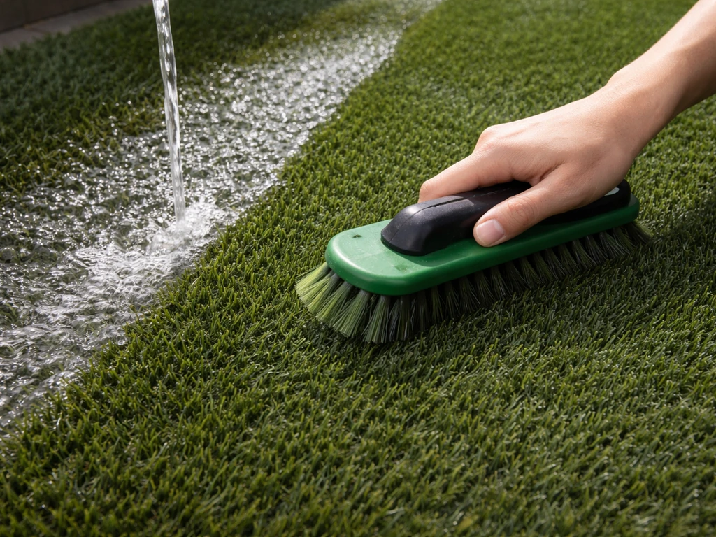 Chiennettes d’une brosse synthétique sur une pelouse artificielle, rinçage à l’eau, entretien visible
