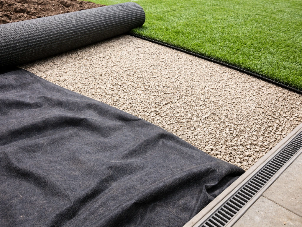 Gazon synthétique partiellement posé sur géotextile et graviers drainants en légère pente, montrant l’évacuation.