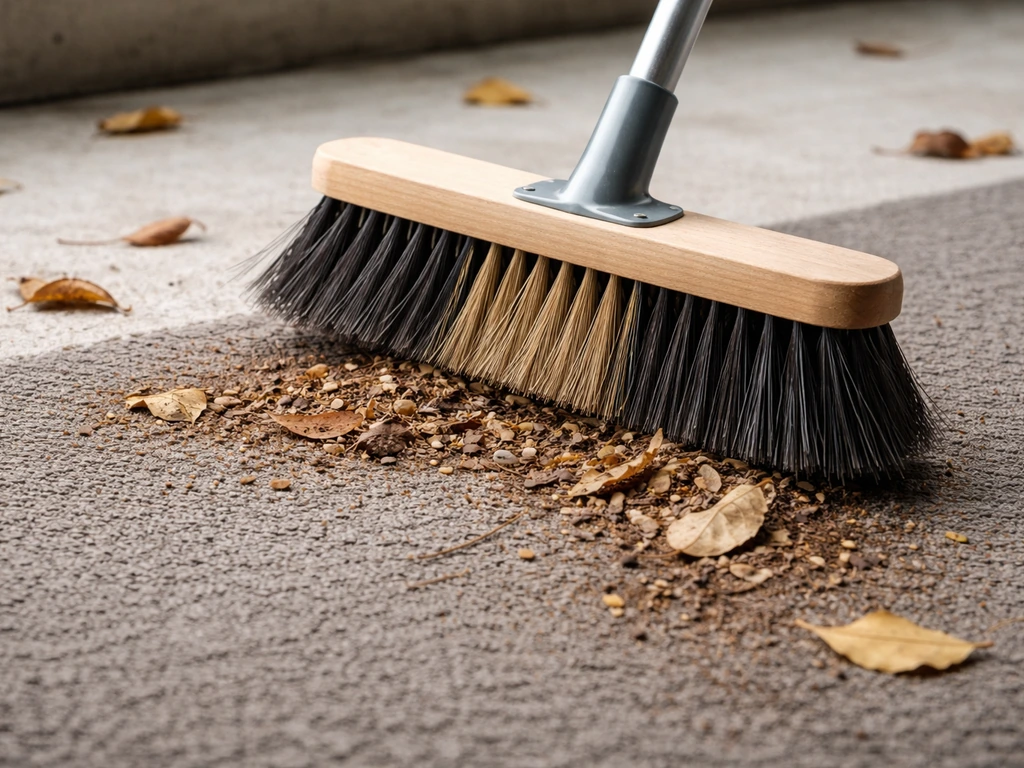 Un balai à poils durs dégage des feuilles et petits débris entre les fibres d’une terrasse.