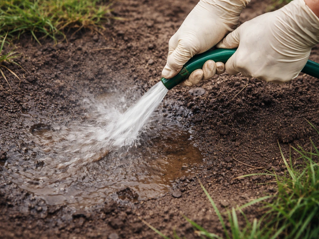 Mains gantées qui rincent à l’eau claire une zone de terre humide dehors, sans animal visible.