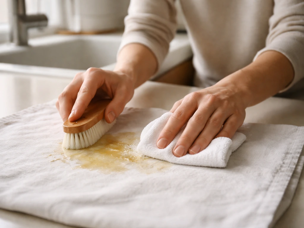 Une main brosse et frotte doucement une tache grasse sur un tissu clair, près d’un évier, lumière naturelle.